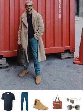 outfit de invierno para hombre: abrigo de piel marrón claro y pantalones chinos verde