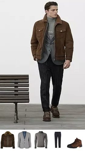 outfit de invierno para hombre: chaqueta de piel marrón oscuro y pantalones negros