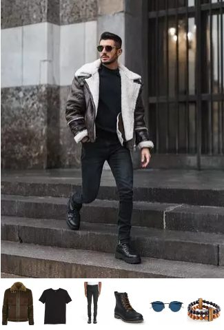 chaqueta de piel negra y pantalon negro